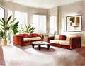 Watercolor of Modern living room with an elegant carpet and comfy