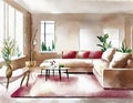 Watercolor of Modern living room with an elegant carpet and comfy