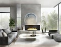 Watercolor of modern living room fireplace grey stone Royalty Free Stock Photo