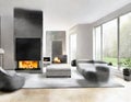 Watercolor of modern living room fireplace grey stone Royalty Free Stock Photo