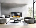 Watercolor of modern living room fireplace grey stone Royalty Free Stock Photo