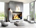 Watercolor of modern living room fireplace grey stone Royalty Free Stock Photo