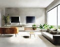 Watercolor of Modern living room with a table TV and cement screen