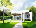 Watercolor of Modern luxury house and green garden for real estate