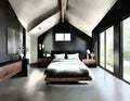 Watercolor of Modern master bedroom with black wood concrete loft and king