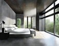 Watercolor of Modern master bedroom with black wood concrete loft and king