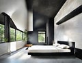 Watercolor of Modern master bedroom with black wood concrete loft and king