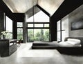 Watercolor of Modern master bedroom with black wood concrete loft and king