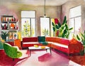 Watercolor of modern maximalist living room eclectic