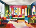 Watercolor of modern maximalist living room eclectic
