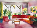 Watercolor of modern maximalist living room eclectic