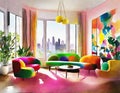 Watercolor of modern maximalist living room