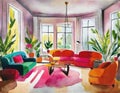 Watercolor of modern maximalist living room