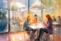 Watercolor modern painting: People, three women, sit at tables in a street cafe. Lighting with electric light. AI