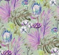 Watercolor modern pattern with tropical dried flowers of protea flowers on a green background