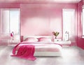 Watercolor of Modern pink bedroom featuring fashionable decorations and Royalty Free Stock Photo