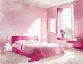 Watercolor of Modern pink bedroom featuring fashionable decorations and Royalty Free Stock Photo