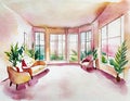 Watercolor of modern salon home house design