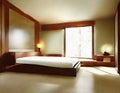 Watercolor of Modern serene bedroom with wooden bed and Asian lit with LEDs for tranquil