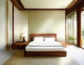 Watercolor of Modern serene bedroom with wooden bed and Asian lit with LEDs for tranquil