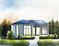 Watercolor of modern solar panels on house