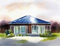 Watercolor of modern solar panels on house
