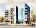 Watercolor of Modern Urban Architectural Blueprint for Apartment Building