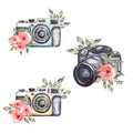 Watercolor modern and vintage camera set, coral peony flower clipart, red roses, greenery illustration, grey leaves, logo clipart