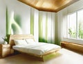 Watercolor of Modern white furnished bedroom with green cozy ambiance and natural wood