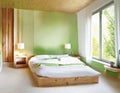 Watercolor of Modern white furnished bedroom with green cozy ambiance and natural wood