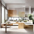 Watercolor of Modular furniture in an open plan kitchen and living room with a stylish interior