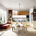 Watercolor of Modular furniture in an open plan kitchen and living room with a stylish interior