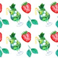 Watercolor mojito lime ice mint strawberry cocktail seamless pattern vector