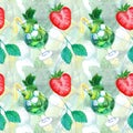 Watercolor mojito lime ice mint strawberry cocktail seamless pattern vector