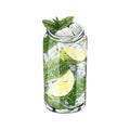 Watercolor mojito summer refreshing cocktail mint leaves and ice in glass. Hand-drawn illustration  on white Royalty Free Stock Photo
