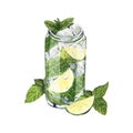 Watercolor mojito summer refreshing cocktail mint leaves, ice and lime. Hand-drawn illustration isolated on white