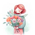 Watercolor mom with flower bouquete. 8 March greeting card. Illustration AI Generative