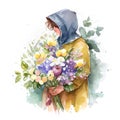 Watercolor mom with flower bouquete. 8 March greeting card. Illustration AI Generative