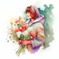 Watercolor mom with flower bouquete. 8 March greeting card. Illustration AI Generative