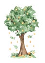 Watercolor money tree with dollars, gold coins, falling money, paper bills, green bills for greeting cards