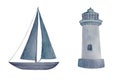 Watercolor monochromatic lighthouse and a sailboat set in a grayish purple color Royalty Free Stock Photo