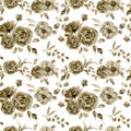 Watercolor monochrome anemone, rose and tulip big seamless pattern. Hand painted sepia flowers and berries with