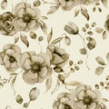 Watercolor monochrome anemone and tulip seamless pattern. Hand painted sepia flowers and berries with eucalyptus leaves