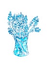 Watercolor monochrome drawing bouquet of spring muscari flowers in a glass vase