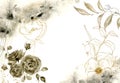 Watercolor monochrome floral composition. Hand painted sepia and golden flowers with branches isolated on white