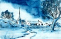 Watercolor monochrome landscape in blue tones