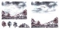 Watercolor monochrome landscape puzzle set. Sky, trees, hills, build yourself. Painted Illustration Royalty Free Stock Photo