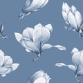 Watercolor monochrome magnolia blooming seamless pattern in a blue color. Beautiful hand drawn spring blossoms. Royalty Free Stock Photo