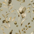 Watercolor monochrome tulip seamless pattern. Hand painted sepia flowers and berries with eucalyptus leaves and branch