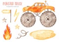 Watercolor monster truck with lightning, fire, SUV, truck, pointer, sand, stars